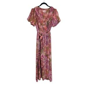 Show Me Your Mumu Floral Verity Maxi Dress Pink Orange Wrap Puff Sleeve Medium